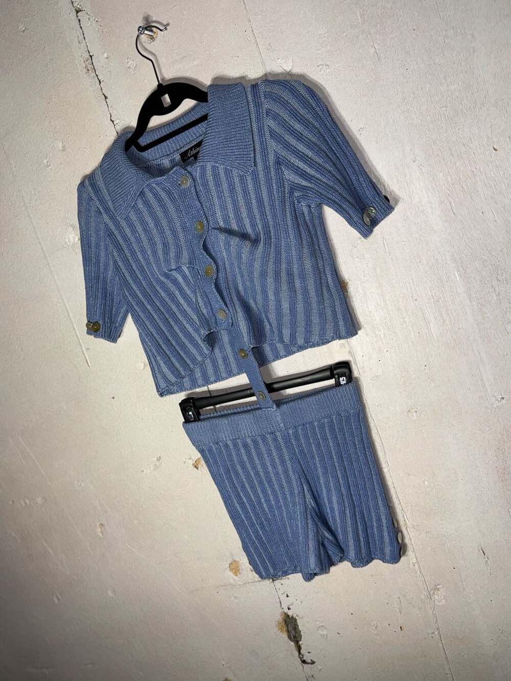 Athina Blue Ribbed Knit 2-Piece Set Collared Button Down Crop Top and Shorts